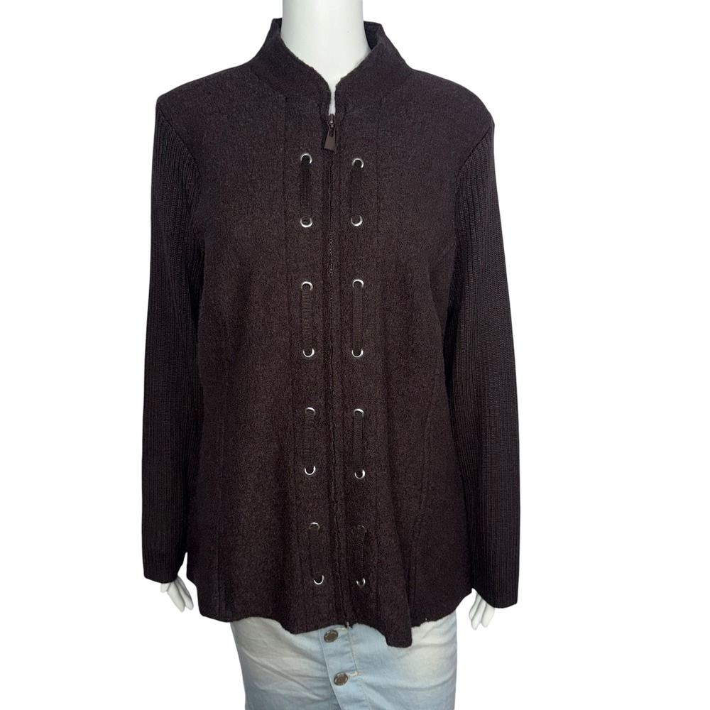VTG Susan Bristol Woman Brown Boiled Wool Zip Up Grommet Jacket 1X RN75343